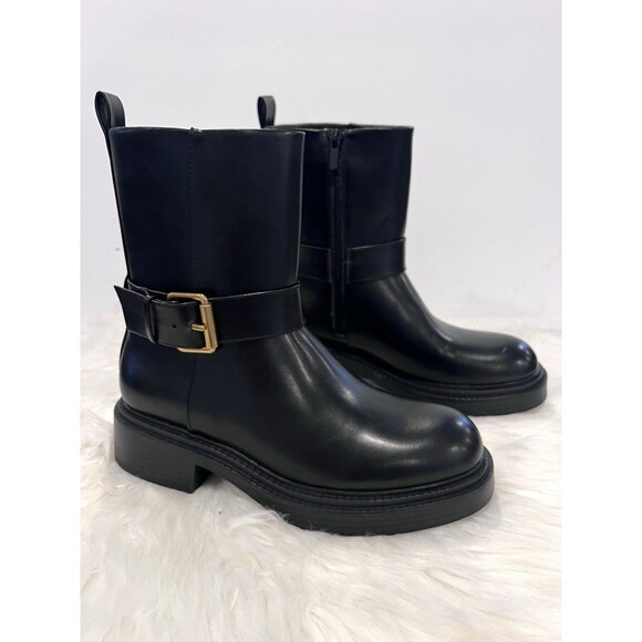 ZARA New Black Ankle Boots Flat Buckles Size US 6.5 EUR 37 Ref 3104/410 - Picture 5 of 13